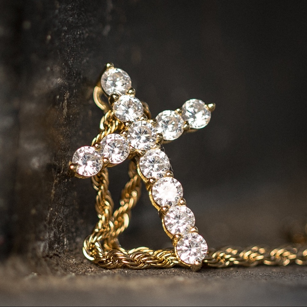 14k gold Lab Diamond Micro Cross Necklace